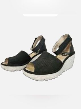 Fly London Yake black suede platform peep toe ankle wrap sandals